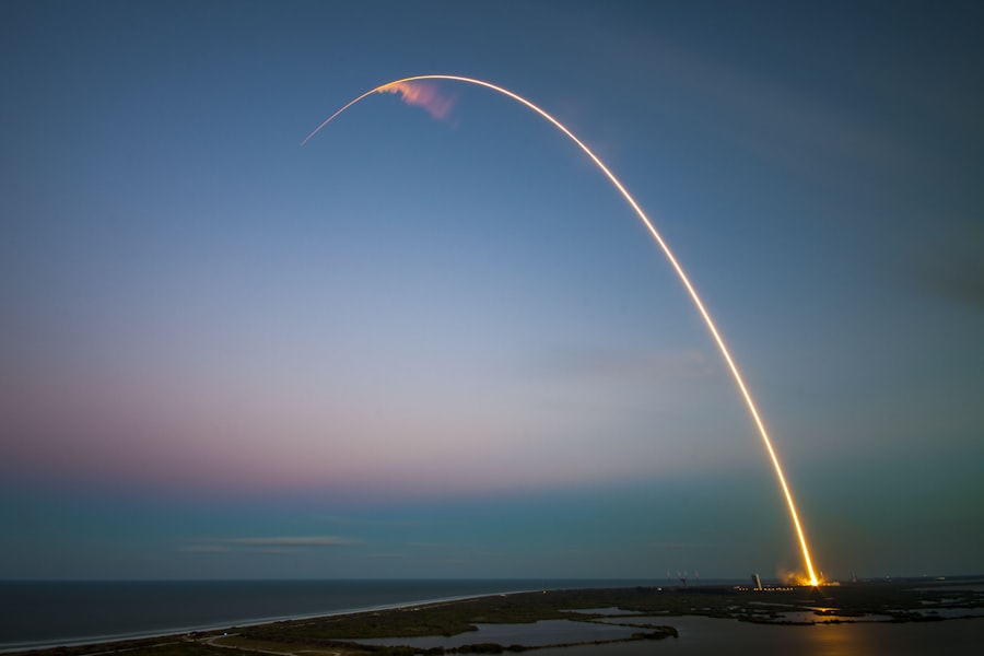Launch trajectory arcing across the sky